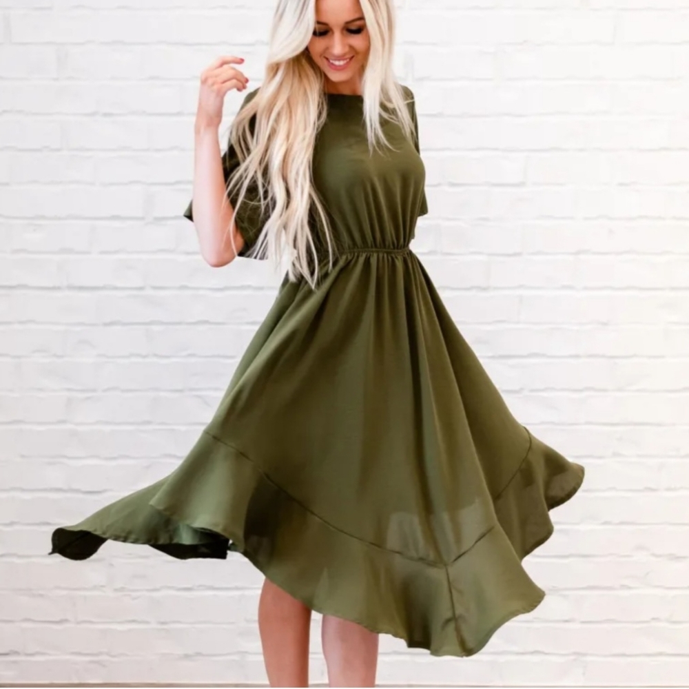Olive Ruffle Hem Dress Army Green Batwing Sleeve Scoop Neck Asym L - Picture 1 of 7